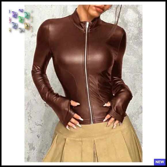 Faux Leather Jacket Slim Fit Zip Up Long Sleeve Winter Coat Chic Outerwear - Picture 4 of 5